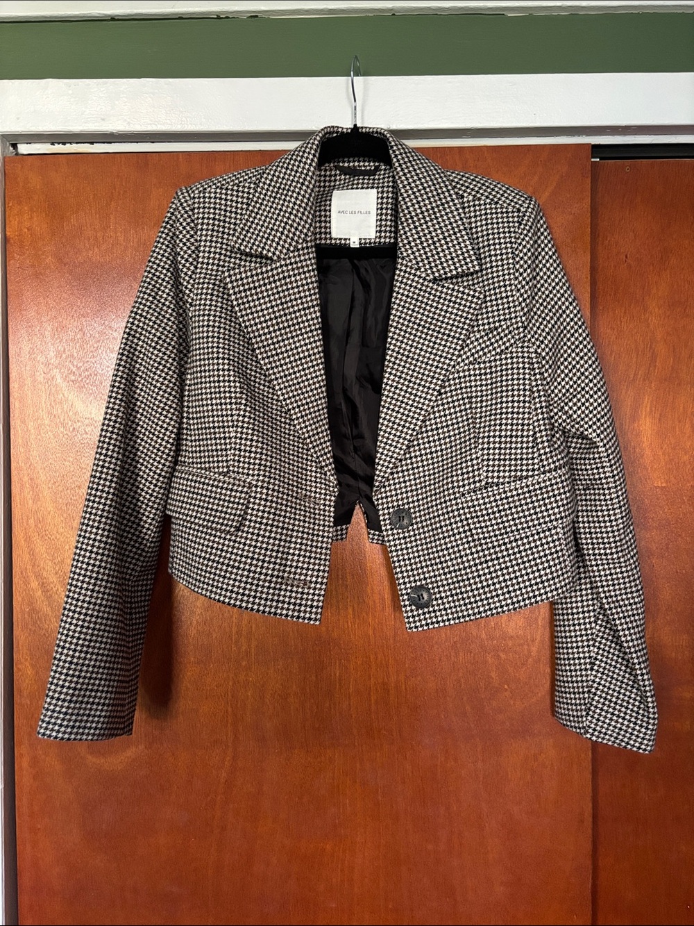 Cropped Houndstooth Blazer Jacket - Brown, Navy & White
